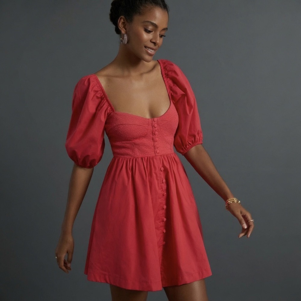 Maeve Anthropologie Puff Sleeved Sweetheart‎ Mini Dress Red Medium Boho Romantic